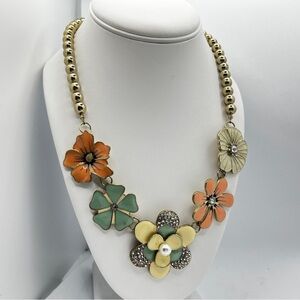 Pastel Enamel Flower Statement Necklace GoldTone Bib Rhinestones & Faux Pearls